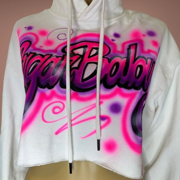 Zara Womens Crop Top Hooded Medium M White Pink Logo Sugar Baby Print Stretch - Picture 5 of 13